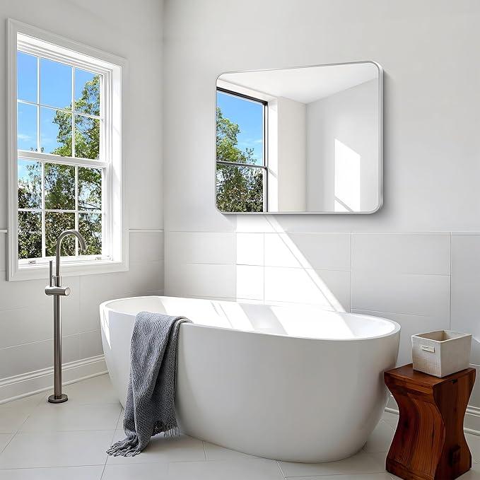 BONEWEI Silver Bathroom Mirror,30x36 inch Wall Mirror for Bathroom Wall Mounted,Rectangle Mirror for Bathroom Over Sink,Modern Frame Round Corner for Living Room,Bedroom Entryway,Horizontal/Vertical - ModernBath