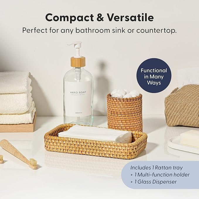 MaisoNovo Rattan Bathroom Set - Clear Countertop Dispenser, Toothbrush Holder & Toothpaste Cup with Tray - Set of 3 - Rattan Bathroom Vanity Trays Rectangle for Storage - ModernBath