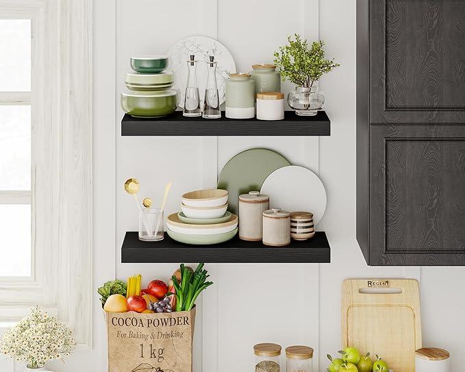 Fixwal 15.8in Black Floating Shelves, Set of 6 Wood Shelves, Farmhouse Shelf Wall Decor for Bathroom, Bedroom, Living and Kitchen Room - ModernBath