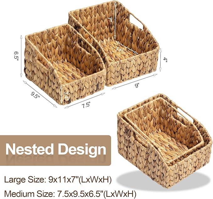 FairyHaus Wicker Baskets 2 Pack, Natural Large Wicker Baskets for Storage, Nesting Hand-woven Water Hyacinth Wicker Baskets for Organizing with Built-in Handles, 9"L x 11"W x 7"H - ModernBath