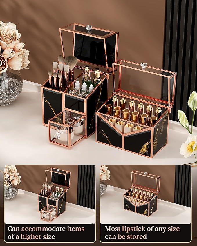 CoralHouse black makeup organizer – Vanity Holder with 18-Slot Lipstick Organizer & Covered Makeup Brush Holder – Skincare, Perfume & Cosmetic Display for Bathroom or Dresser - ModernBath