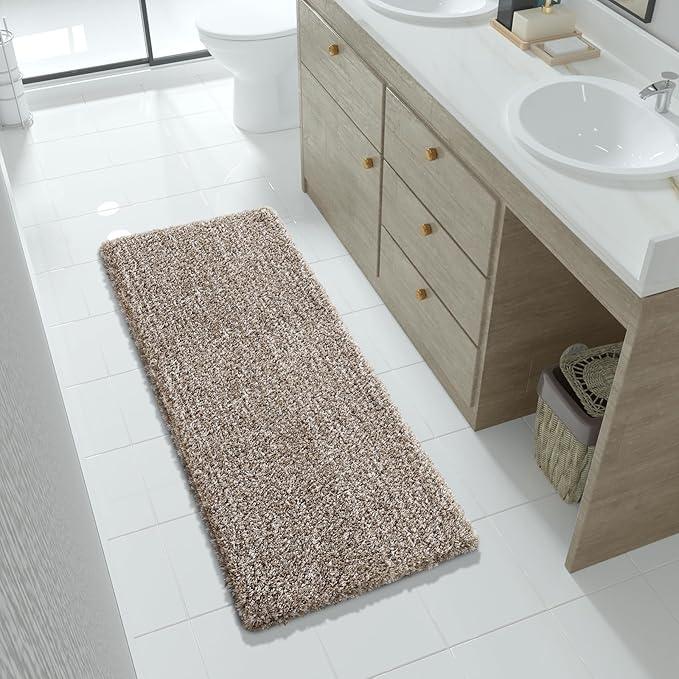 Yimobra Luxury Bathroom Rugs, Fluffy Bath Mats, Non Slip, Water Absorbent Microfiber, Machine Washable, Plush Runner Shower Rugs, Thick Matts for Bathroom Floor&Tub, 56"x 24", Light Brown and White - ModernBath