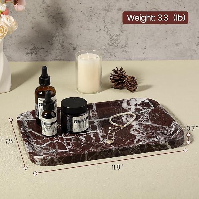 Marble Vanity Tray, 11.8in Stone Bathroom Tray for Countertop, Red Decorative Tray for Dresser Organizer, Luxury Serving Tray for Kitchen, Storage Dish for Kitchen Sink, Perfume, Jewelry Holder - ModernBath