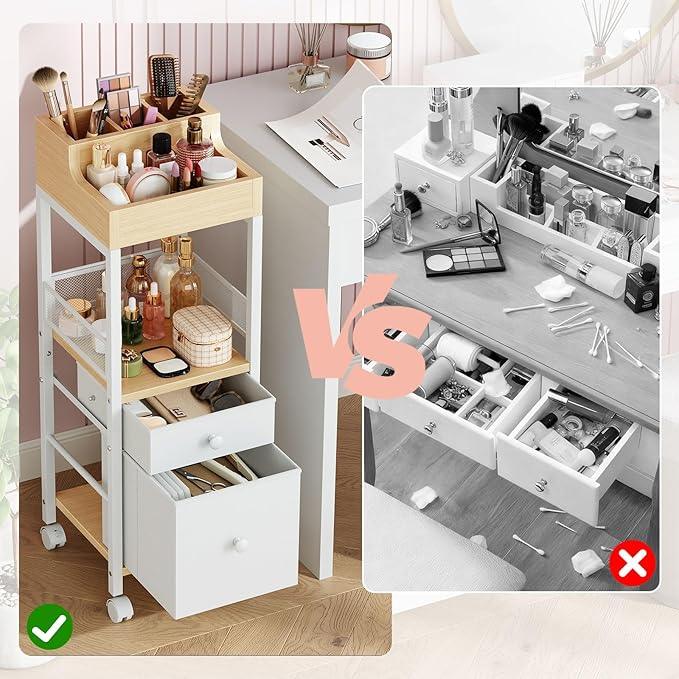 HOOBRO Makeup Organizer Cart, Floor Makeup Storage with Fabric Drawers, Mobile Vanity Organizer, Cosmetics Display Cases, for Skincare, Brush, Hair Tool, Perfume, White and Natural WN19TC04 - ModernBath