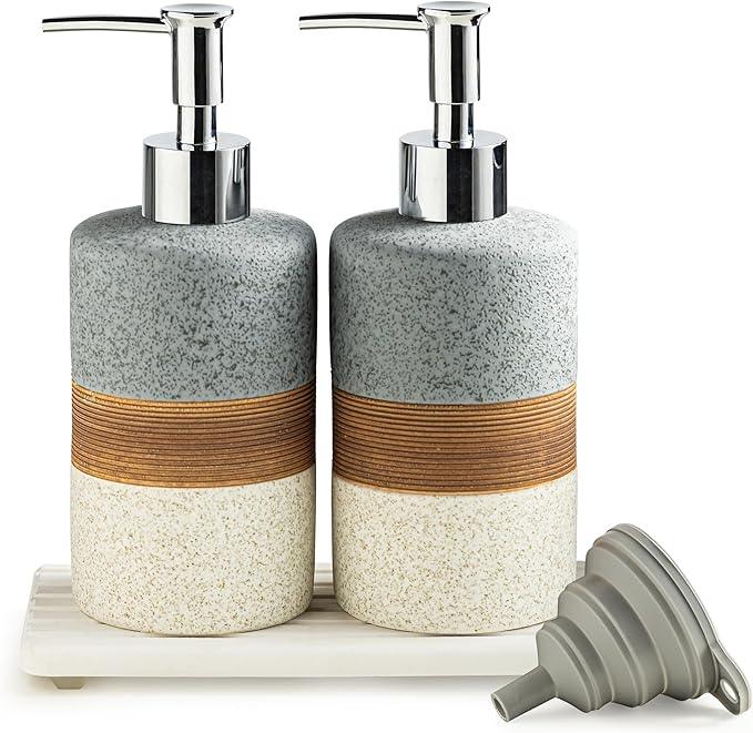 Cormomu Ceramic Soap Dispenser Set(2 Pack) – Hand Soap, Dish Soap, Shampoo & Shower Soap Dispenser for Bathroom & Kitchen, Stainless Steel Pump, Includes Silicone Funnel & Diatomaceous Tray, Gray - ModernBath