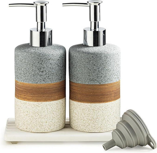 Cormomu Ceramic Soap Dispenser Set(2 Pack) – Hand Soap, Dish Soap, Shampoo & Shower Soap Dispenser for Bathroom & Kitchen, Stainless Steel Pump, Includes Silicone Funnel & Diatomaceous Tray, Gray - ModernBath