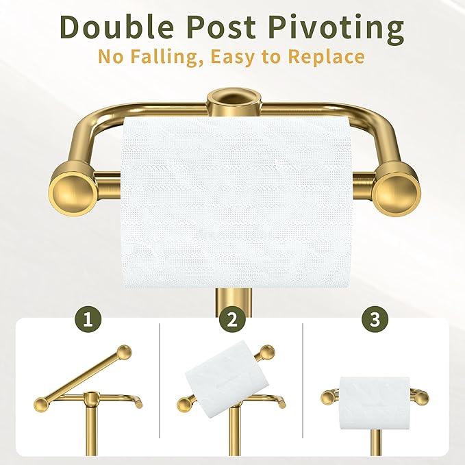 Toilet Paper Holder Stand, Modern Bathroom Free Standing Toilet Paper Roll Holder, Post Pivoting Toilet Paper Stand with Stainless Steel Tissue Rack, Rust-Proof & Heavy Stable Base（Brushed Gold） - ModernBath