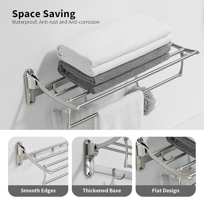 BESy 24 Inch Brushed Nickel Towel Racks, Bathroom Towel Shelf with Foldable Towel Bar Holder and Towel Hooks, Wall Mounted Multifunctional Bathroom Accessories, Double Towel Bars - ModernBath