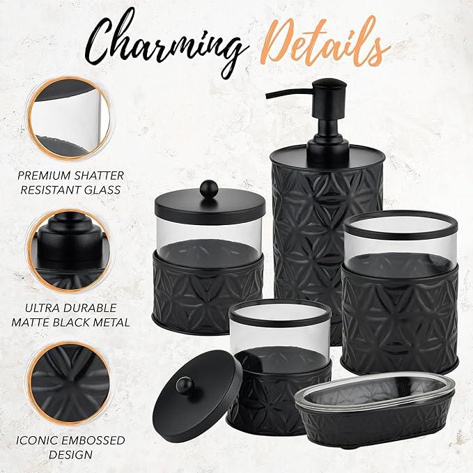 Autumn Alley Black Bathroom Accessories Set, 5 Pieces, Bathroom Decor - Black Soap Dispenser Bathroom Lotion Dispenser, Metal Toothbrush Holder, 2 Glass Apothecary Jars (Qtip Holder), Soap Holder - ModernBath