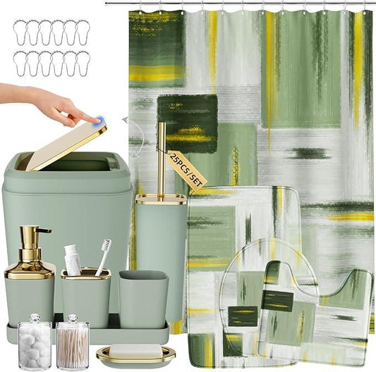 XLHOMO Bathroom Accessories Set - 25PC Bathroom Set with Shower Curtain and Rugs, Sage Green Bathroom Set, Bathroom Accessory Set with Press-on Lid Trash Can, Soap Dispenser and Qtip Holders - ModernBath