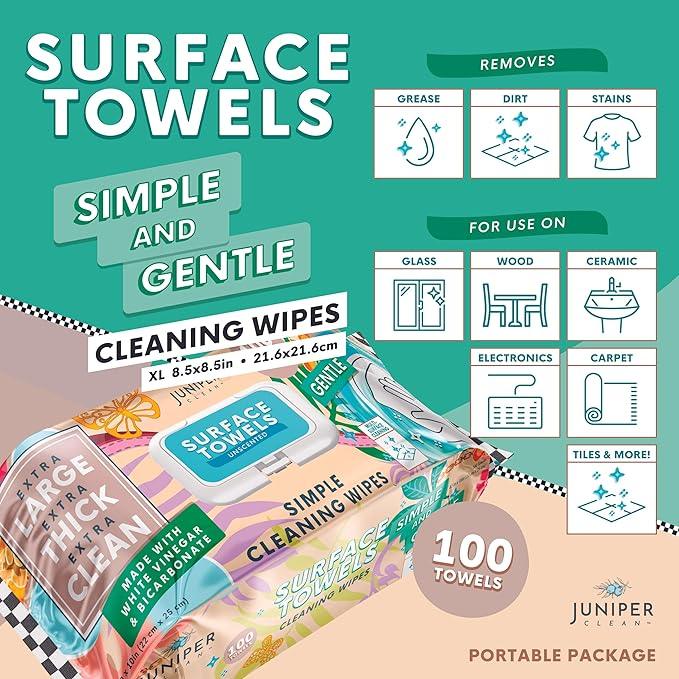 Juniper CLEAN 3 Packs Surface Cleaning Wipes Bleach Free, Thick & Large Dispose, All-Purpose Cleaner for Bathroom, Kitchen, Office, 100 Count Soft Flow, Biodegradable, No Scent - ModernBath