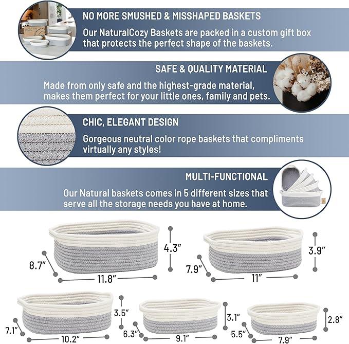 NaturalCozy 5-Piece Rectangle Storage Basket Set- Natural Cotton Rope Woven Baskets for Organizing! Small Basket for Montessori, Baby Nursery, Dog Toy Baskets, Cat Toy Box, Bathroom Organization Bin - ModernBath