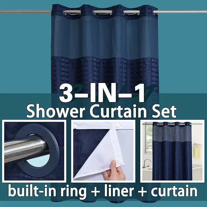 Conbo Mio Stall No Hook Shower Curtain with Snap in Liner Set, Hotel Luxury Navy Blue Shower Curtains for Bathroom with See Through Top Window, Waterproof, Washable 54W x 74H - ModernBath