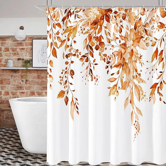Gibelle Orange Eucalyptus Shower Curtain, Fall Watercolor Plant Leaves with Floral Bathroom Shower Curtain Set, 72x72 - ModernBath