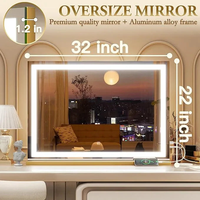 ROLOVE Vanity Mirror with Lights, 32" x 22" Large Lighted Vanity Mirror with Dimmable 3 Modes, LED Makeup Mirror, 10X Magnification, USB Charging Port, Tabletop or Wall-Mounted Square Gold - ModernBath