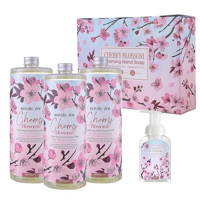 ROMIIE ZOI Cherry Blossom Foaming Hand Soap Refill Gift Set – 3 Pack*33.8 Fl Oz with Refillable Dispenser, Refreshing Floral Scent, Moisturizing & Chemical-Free for Bathroom, Kitchen, Sensitive Skin - ModernBath