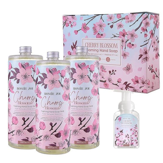 ROMIIE ZOI Cherry Blossom Foaming Hand Soap Refill Gift Set – 3 Pack*33.8 Fl Oz with Refillable Dispenser, Refreshing Floral Scent, Moisturizing & Chemical-Free for Bathroom, Kitchen, Sensitive Skin - ModernBath