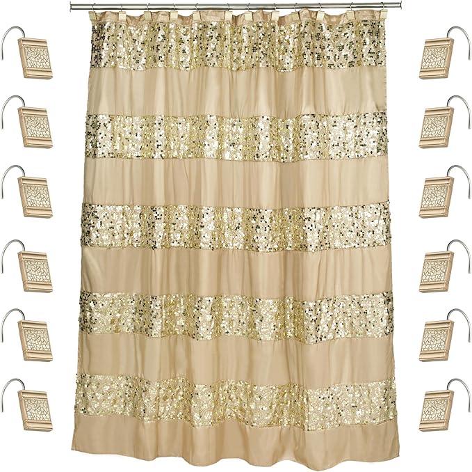 Zahari Home 13pc Sinatra Bathroom Shower Curtain Set - Gold Curtain & 12 Champagne Hooks - Luxury Fabric Bling Unique Beautiful Set - ModernBath