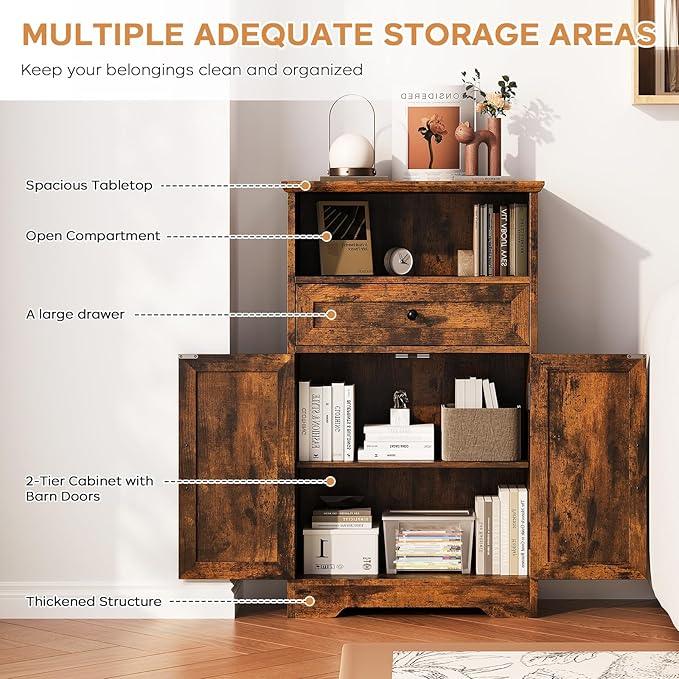 Floor Cabinet, Farmhouse Storage Cabinet with Barn Doors and Drawer, 11.81" D x 23.62" W x 39.37" H Rustic Brown Freestanding Adjustable Shelf Organizer for Bathroom, Kitchen, Living Room - ModernBath