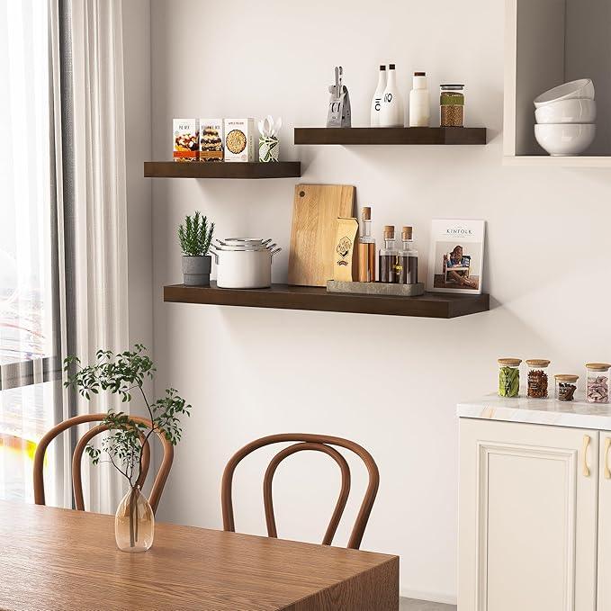 Vivelove Solid Wood Rustic Floating Shelves 36 Inch Long, 8 inch Deep Floating Wall Shelves for Living Room Kitchen Bedroom Bathroom Office, Farmhouse Home Decor, 1 Pack, Dark Walnut, Pine Wood - ModernBath