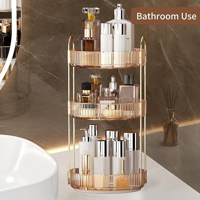 YCIA&DONE 360 Rotating Makeup Organizer and Storage for Vanity Countertop 3 Tiers, High Capacity Cosmetic Skincare Perfume Organizers for Dresser Bathroom Lazy Susan (Amber Gold) - ModernBath