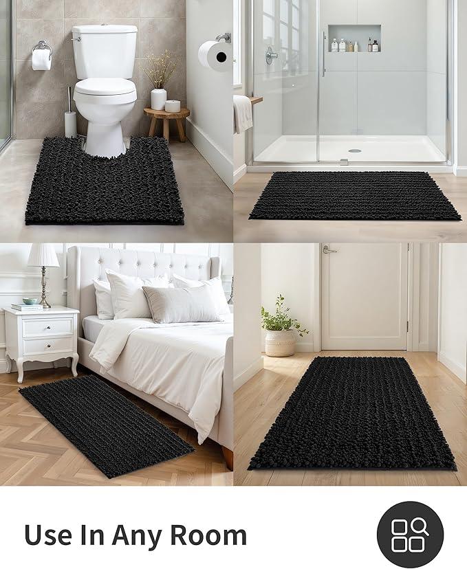 ILANGO Bathroom Rugs Black 55x24,Extra Soft Absorbent Chenille Bath Rugs,Thick Non-Slip Shaggy Bath Mat,Machine Washable Quick Dry Bath Mats for Bathroom Floor, Tub, Shower Accessories - ModernBath