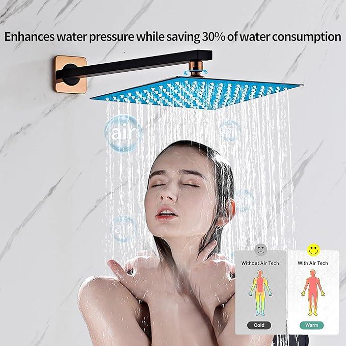 RTTWYYUU Black Gold Rainfall Shower Head, Wall Mounted 10 Inch Shower Heads with Handheld Spray Combo, Luxury Bathroom Square Rain Shower System, Solid Brass Pressure Balancd Shower Faucet Valve - ModernBath