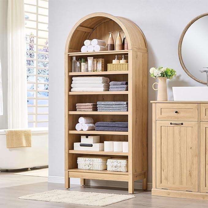 71" Tall Arched Bathroom Storage Cabinet, 7-Tier Modern Farmhouse Storage Cabinet with Adjustable Shelves, Wood Freestanding Cabinet for Bathroom, Living Room, Entryway, Hallway (Natural) - ModernBath