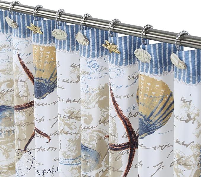 Coastal Seashell Shower Curtain Hooks, Under The Sea Beach Starfish Bathroom Shower Curtain Hooks Rust Proof, 5 Roller Ring Balls Decorative Shower Hooks for Shower Curtain, Set of 12 - ModernBath