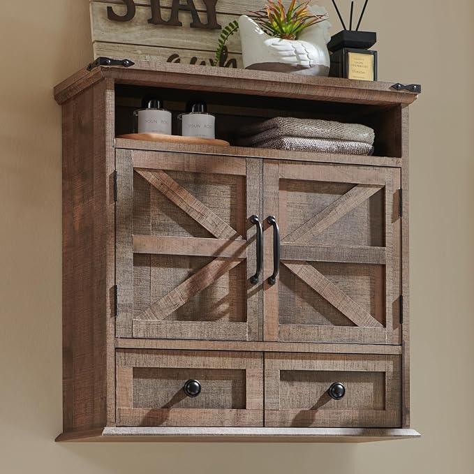 ACCOHOHO Bathroom Wall Cabinet, Farmhouse 24" Wide Medicine Cabinet with Drawer, Adjustable Shelf, Double Barn Doors, Storage Cabinets for Bathroom, Kitchen, Living Room, Rustic Brown - ModernBath