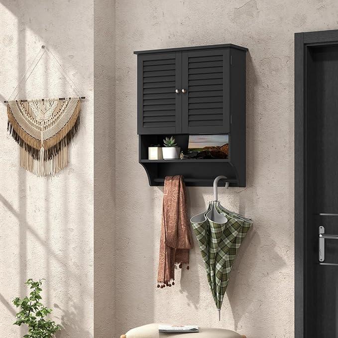Tangkula Wall Mounted Bathroom Cabinet with Open Shelf & Bar, Medicine Cabinet with Double Louvered Doors, Wall Storage Cabinet with Adjustable Shelf, for Bathroom Living Room Kitchen (Black) - ModernBath