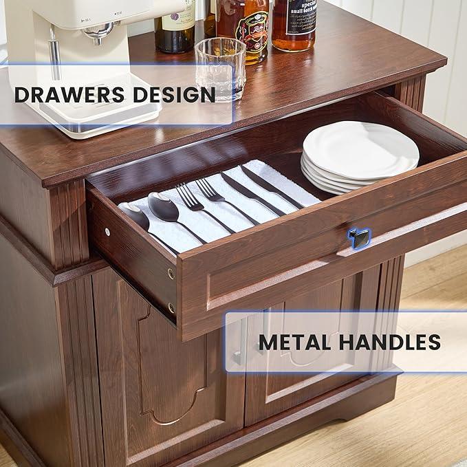Farmhouse Storage Cabinet with 2 Doors and 1 Drawer, Adjustable Shelf, Freestanding Kitchen Pantry Cabinet, Modern Buffet Sideboard Coffee Bar Cabinet Living Room Bathroom Dining Room Cherry - ModernBath
