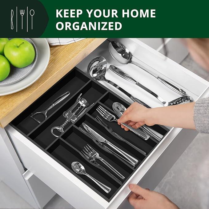 ROYAL CRAFT WOOD Luxury Bamboo Kitchen Drawer Organizer - Silverware Organizer - Utensil Holder and Cutlery Tray with Grooved Drawer Dividers for Flatware and Kitchen Utensils (7 Slot, Black) - ModernBath