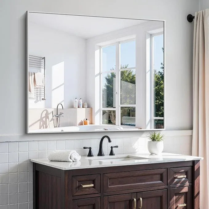 KOCUUY Silver Framed Mirror, 48"x40" Large Rectangle Bathroom Mirror for Wall, HD Tempered Glass, Anti-Rust Brushed Silver Frame, Modern Design for Bathroom, Bedroom, Living Room, Entryway - ModernBath