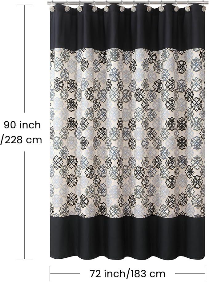 BESTRIPES 90 Inch Fabric Shower Curtain, Extra Long Black Beige Grey Boho Medallion Print Shower Curtains for Bathroom, 72" W x 90" H - ModernBath