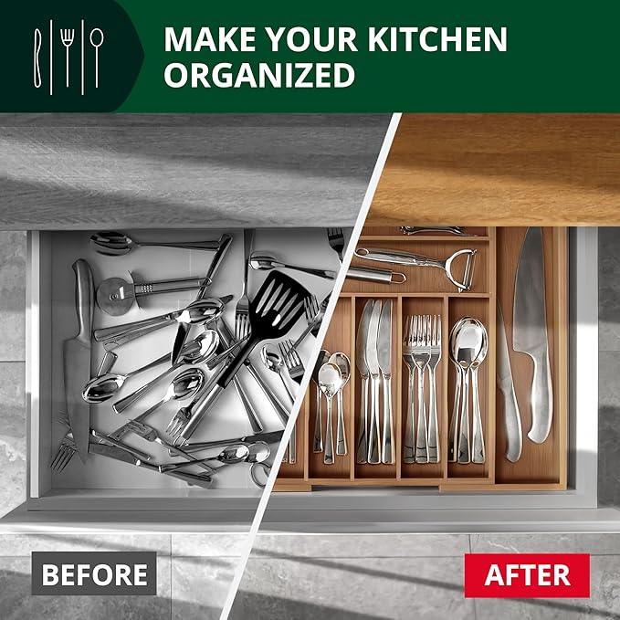 ROYAL CRAFT WOOD Luxury Bamboo Kitchen Drawer Organizer - Silverware Organizer - Utensil Holder and Cutlery Tray with Grooved Drawer Dividers for Flatware and Kitchen Utensils (9 Slot, Brown Bamboo) - ModernBath
