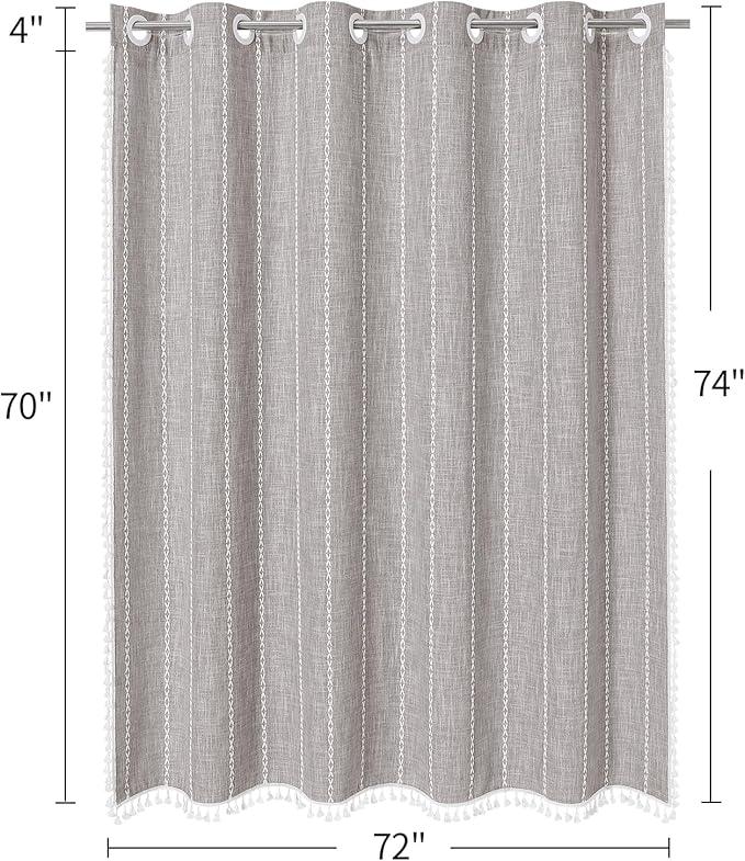 MitoVilla No Hooks Required Boho Farmhouse Shower Curtain with Snap-in Liner, Cotton Linen Fabric Shower Curtains with Tassels for Rustic Neutral Bathroom Decor, Grey Taupe, 72 x 74 - ModernBath