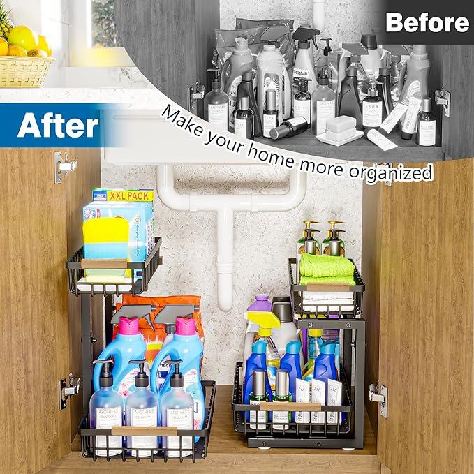 Under Sink Organizers, 2 Tier Pull Out Under Cabinet Organizer，Height Adjustable Pull Out Cabinet Drawers, Metal Sliding Drawer for Kitchen Bathroom Pantry Cabinet Closet Organization Rack，1 Pack - ModernBath