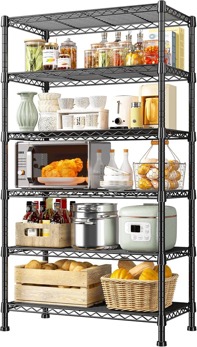 REIBII 6-Tier Storage Shelves Metal Shelving for Storage Load 1000 LBS,Wire Shelves Heavy Duty Shelving Unit Adjustable Pantry Shelf Bathroom Kitchen Garage 24" W x 14" D x 71" H, Black - ModernBath