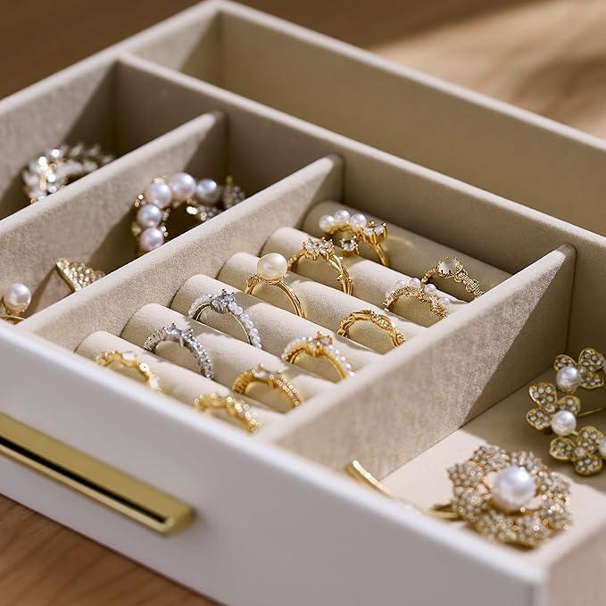 pickpiff Jewelry Box Organizer Case for Women: 3-Layer Jewelry Storage Case with Glass Window, Pure White Leather with Velvet Holder for Ring Necklace Bracelet Brooch Watch, Great Gift for Her - ModernBath