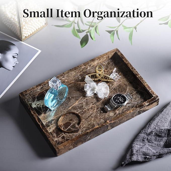 Real Natural Marble Tray for Bathroom, Genuine Marble Stone Vanity Tray, Luxury Storage Trays for Kitchen, Vanity, Home Decor, Dresser, Non-Resin/Non-Ceramic, 12"x 8"x 1.2", Dark Brown - ModernBath