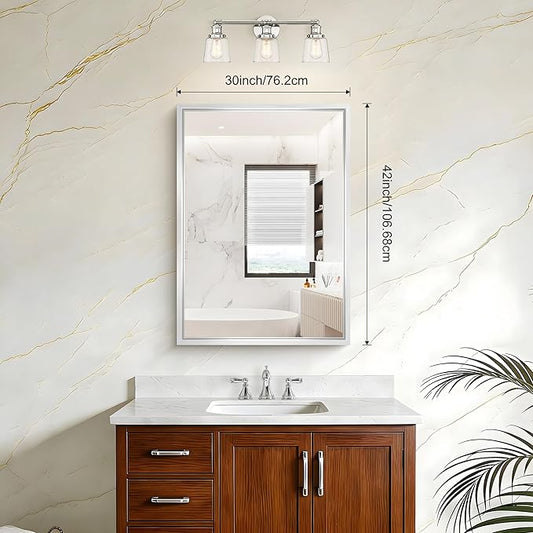 CIVENO 42x30 Silver Bathroom Mirror, Brushed Silver Rectangular Mirror for Wall, 0.6" Thickened Deep Frame Mirrors for Bathroom Sink, Shatterproof Tempered Glass, Antirust, Horizontally or Vertically