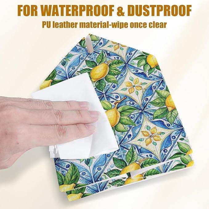 Watercolor Lemon Tissue Box Cover 2PCS, Blue Tile Leather Tissue Box Holder Square Facial Paper Case Tissue Box Cube Organizer for Bathroom Bedroom Desk Office - ModernBath
