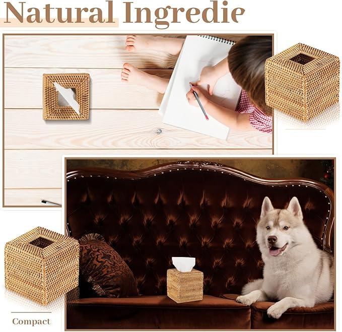 Kigley 1 Pcs Square Rattan Tissue Box Cover Boho Wicker Tissue Cube Box Cover 5.5'' x 5.5'' x 5.5'' Decorative Natural Wicker Hand Woven Napkin Box Holder Bathroom Office Car Accessories (Wood) - ModernBath