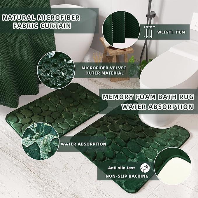 XLHOMO Bathroom Set- 25PC Green Bathroom Sets, Bathroom Set with Shower Curtain and Rugs, Dark Green Shower Curtain Set, Bathroom Accessories Set, Bathroom Trash Can - ModernBath