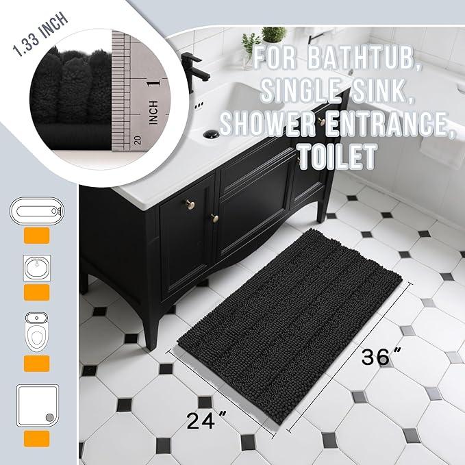 Yimobra Bathroom Rug Mat 36 x 24, Non Slip and Super Absorbent Bath Mat,Machine Washable Quick Dry,Ultra Plush Chenille Shower Rugs for Bathroom Floor Sink Tub and Shower Outside,Black - ModernBath