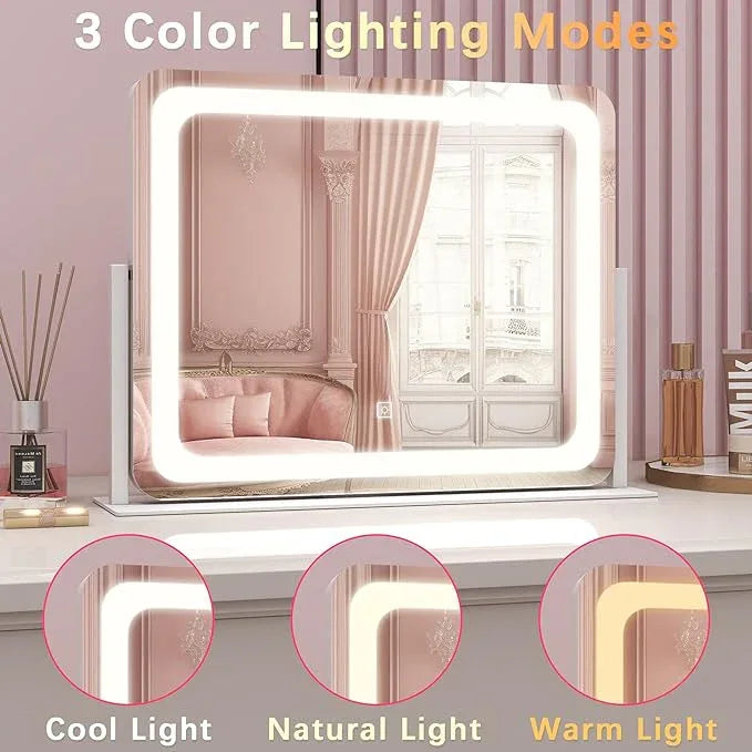 ROLOVE 22x17 Inch Lighted Vanity Mirror with Dimmable LED Lights - 3 Color Modes, Smart Touch Control & 360° Rotating Base - Desk Makeup Mirror (White) - ModernBath