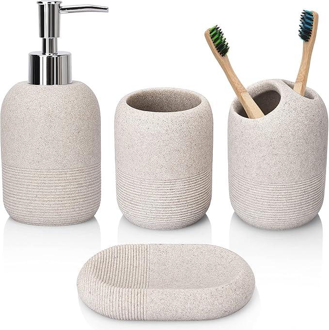 L'ARL GMVOI Bathroom Accessory Set,4 Piece Bathroom Decor Accessories Sets with Lotion Soap Dispenser,Toothbrush Holder,Bathroom Tumbler,Soap Dish for Bathroom Vanity Countertop Accessories,Beige - ModernBath