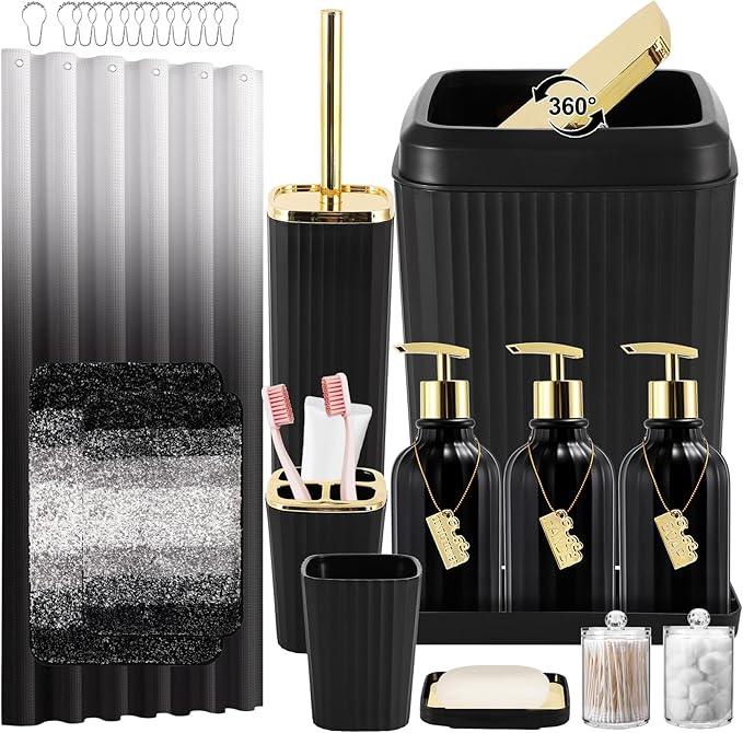 WSBArt 32PCS Bathroom Set Bathroom Sets with Shower Curtain and Rugs Black Bathroom Accessories,Shower Curtain Set,Bathroom Rug Set with Bathroom Trash Can - ModernBath