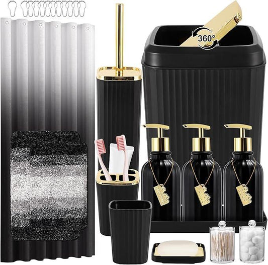 WSBArt 32PCS Bathroom Set Bathroom Sets with Shower Curtain and Rugs Black Bathroom Accessories,Shower Curtain Set,Bathroom Rug Set with Bathroom Trash Can - ModernBath